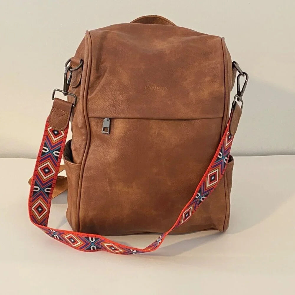 FADEON Backpack Tablet Bag Purse Brown PU Leather Removable Shoulder Strap